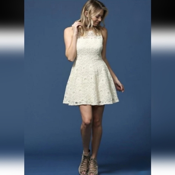 BB Dakota Fit and Flare Lace Crochet Sleeveless Mini Skater Dress Ivory Size 0 - Picture 4 of 14